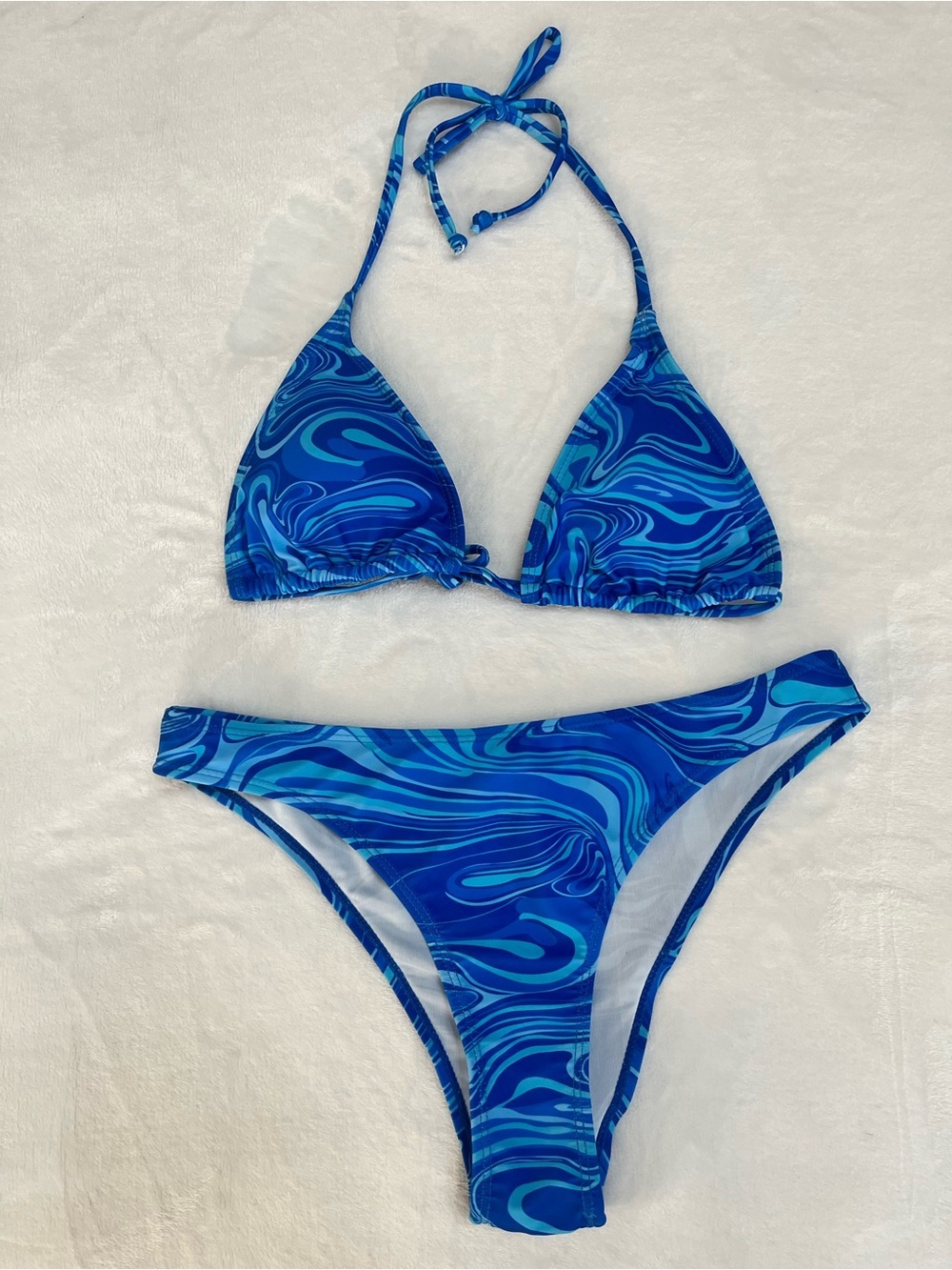 NWOT Blue Abstract Swirl Marble Print String Bikini Set Sz M Boho Coastal Beach